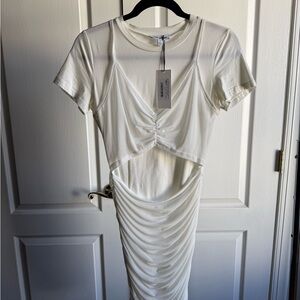 Chic White Ruched Midi Dress